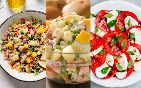 Tres ensaladas espectaculares: quinoa con aguacate, ensaladilla rusa y caprese. ¡Ideas para 10 ensaladas deliciosas!