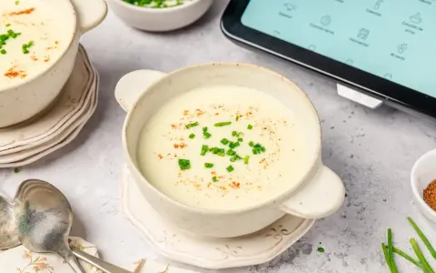 Crema de patatas y puerros lista en la vichisua Thermomix, servida en cuencos con cebollino y pimentón.