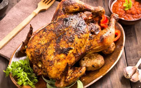 Un delicioso pollo al horno crujiente y jugoso, servido con patatas asadas, pimientos rojos y salsa. ¡Perfecto para una comida familiar!