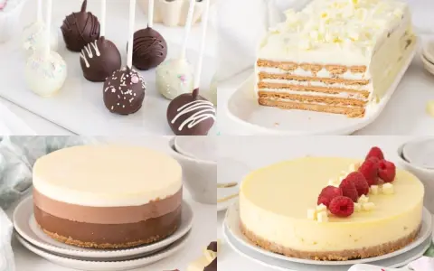 Variedad de postres con chocolate blanco: cake pops, tarta helada, tarta de tres chocolates y cheesecake con frambuesas.