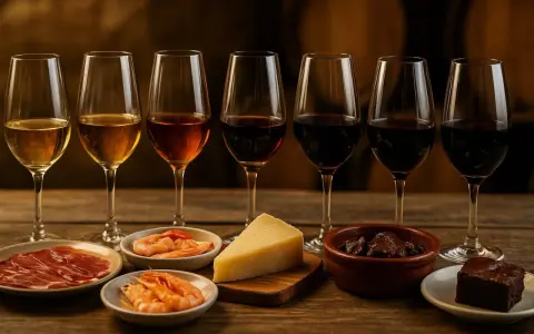 Degustación de un jerez con tapas: jamón, gambas, queso, aceitunas y brownie.