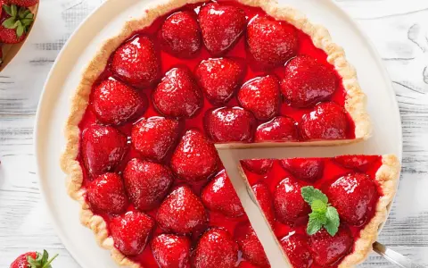 Deliciosa tarta de fresas cubierta con gelatina brillante y fresas frescas. Una porción se ha cortado, revelando la jugosa fruta.