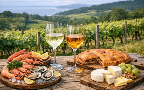 Dos copas de vino blanco, una con un tono más dorado, acompañan mariscos, empanada y quesos en un viñedo. ¿El albariño es dulce o seco?