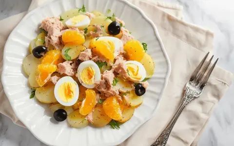 Ensalada malagueña con patatas, atún, huevos duros, aceitunas negras y gajos de mandarina.