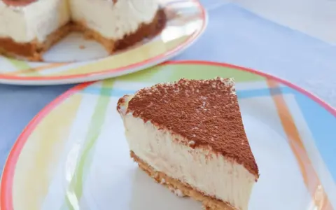 Delicioso cheesecake con cacao espolvoreado, listo para disfrutar. Una receta perfecta para cualquier ocasión.
