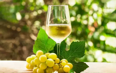 Copa de vino blanco con uvas verdes y hojas de parra.