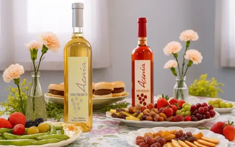 Dos botellas de vino, blanco y rosado, acompañadas de frutas, frutos secos y pequeños bocadillos. Un festín de tinta del país.