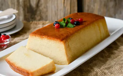 Delicioso budín de pan con caramelo dorado, decorado con frutos rojos y menta. Una rebanada ya servida.