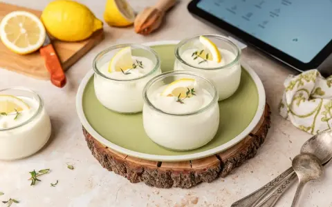 Delicioso mousse de limón Thermomix en vasitos, decorado con rodajas de limón y tomillo. Frescura y sabor en cada cucharada.