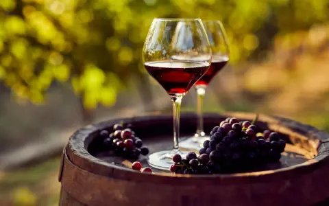 Dos copas de vino tinto y racimos de uvas sobre un barril de madera, evocando las mejores añadas de Ribera del Duero.