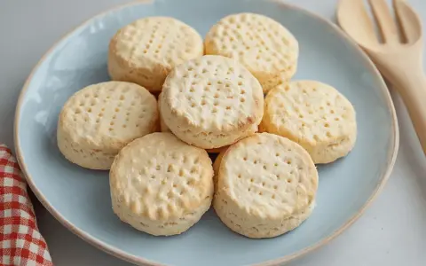 Un plato azul con galletas de maíz horneadas, cada una con pequeños agujeros en la parte superior. Un paño a cuadros rojos y blancos y un utensilio de madera están cerca.