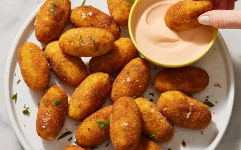 Croquetas de patata doradas y crujientes, espolvoreadas con perejil y sal, listas para ser mojadas en una cremosa salsa rosa.