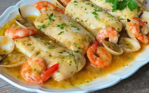 Merluza a la marinera con gambas y almejas, un plato delicioso bañado en salsa.