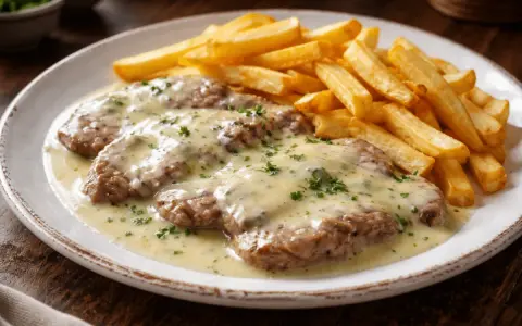 Escalopines de ternera con salsa cremosa y patatas fritas doradas, un plato clásico y delicioso.