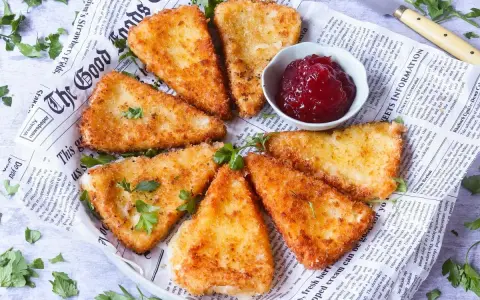 Queso frito crujiente servido con mermelada de frutos rojos.