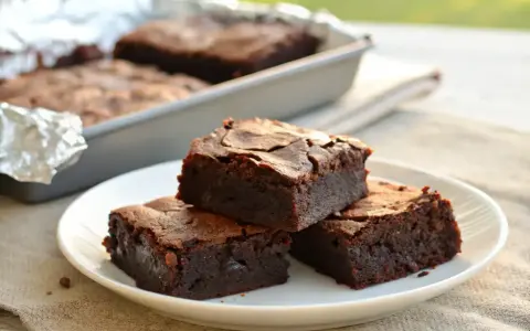 Deliciosos trozos de brownie sin gluten apilados en un plato blanco, con más en un molde al fondo.