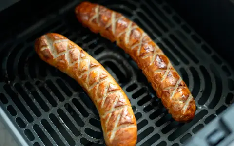 Dos salchichas doradas con cortes en forma de rombos, cocinándose en la rejilla de una freidora de aire.