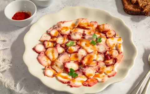 Delicioso carpaccio de pulpo, finas láminas con pimentón y perejil, servido en plato blanco.