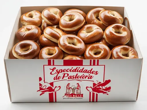 Caja llena de rosquillas de palo doradas y brillantes, listas para ser disfrutadas.