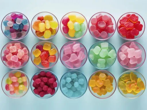 Cuencos llenos de gominolas caseras de colores vibrantes: azules, rosas, rojas, verdes, amarillas y naranjas.