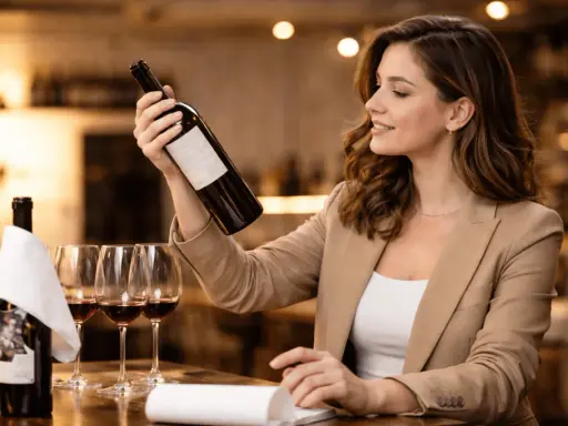 Mujer sonriente examina una botella de vino, preguntándose de donde es el vino. Copas de vino tinto y otra botella en la mesa.