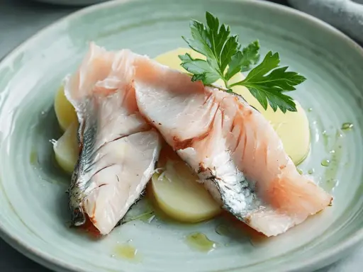 Lubina a la sal Thermomix: jugosos filetes de pescado sobre patatas, decorados con perejil fresco y un toque de aceite.