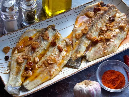 Dos filetes de lubina a la bilbaina, dorados y jugosos, con láminas de ajo y guindilla.