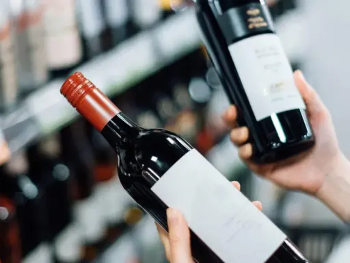 Manos sostienen dos botellas de vinos caros, una con etiqueta blanca y otra con etiqueta negra, en un pasillo de supermercado.