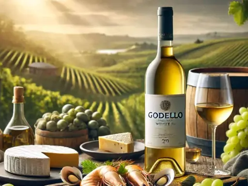 Vino Godello, de Galicia, acompañado de quesos, uvas y mariscos, con viñedos al fondo.