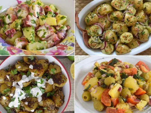 Cuatro ensaladas de patata: con pulpo, con cebolla morada y mostaza, asada con aliño cremoso, y con aceitunas y tomate.