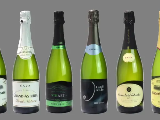 Varias botellas de cava, algunas de ellas de cava mas caro, como Grand Astoria y Canals & Nubiola, con etiquetas de diferentes marcas y tipos.