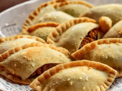 Empanadas doradas y crujientes, algunas con relleno visible de pechuga empanada, espolvoreadas con algo de sal.