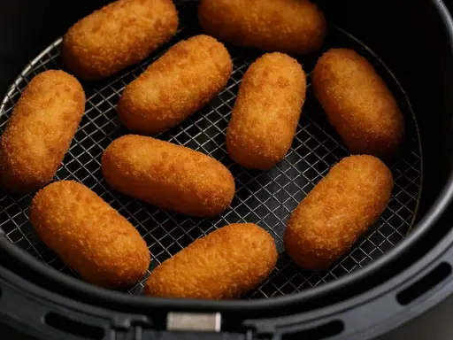 Croquetas doradas y crujientes listas en la freidora de aire.