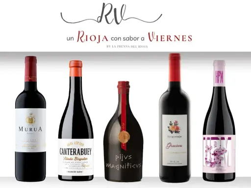 Cinco botellas de vino tinto, incluyendo Murua, Canterabuey y Graciano, que representan los mejores vinos de la Rioja Alavesa.