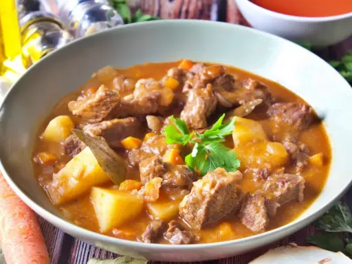 Un reconfortante plato de patatas guisadas con trozos de carne tierna, zanahorias y patatas en una rica salsa.