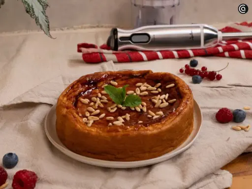 Bizcocho de avena casero, glaseado y decorado con piñones y menta. Frutos rojos y batidora al fondo.