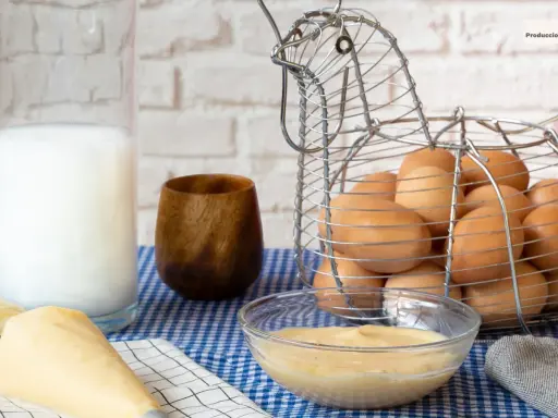 Crema pastelera lista para usar, hecha con Thermomix. Huevos frescos en cesta de gallina, leche y utensilios de repostería.