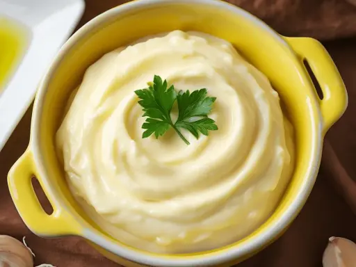 Alioli casero en un cuenco amarillo, decorado con perejil. ¿Cuánto dura el alioli casero en la nevera?