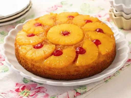 Tarta de piña dorada y jugosa, decorada con rodajas de piña caramelizada y cerezas rojas.