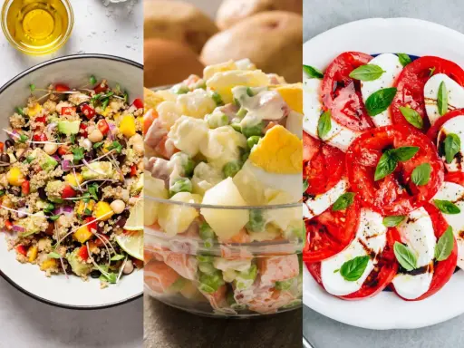 Tres ensaladas espectaculares: quinoa con aguacate, ensaladilla rusa y caprese. ¡Ideas para 10 ensaladas deliciosas!