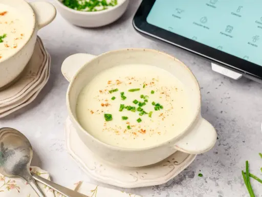 Crema de patatas y puerros lista en la vichisua Thermomix, servida en cuencos con cebollino y pimentón.