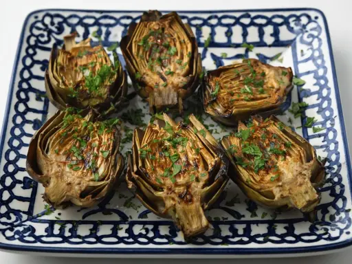 Seis mitades de alcachofas a la plancha, doradas y espolvoreadas con perejil fresco, servidas en un plato decorado.