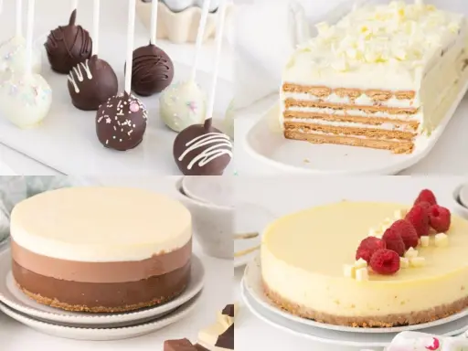 Variedad de postres con chocolate blanco: cake pops, tarta helada, tarta de tres chocolates y cheesecake con frambuesas.