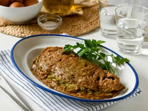 Tortilla de alcachofas dorada y jugosa, servida en plato blanco con borde azul. Decorada con perejil fresco.