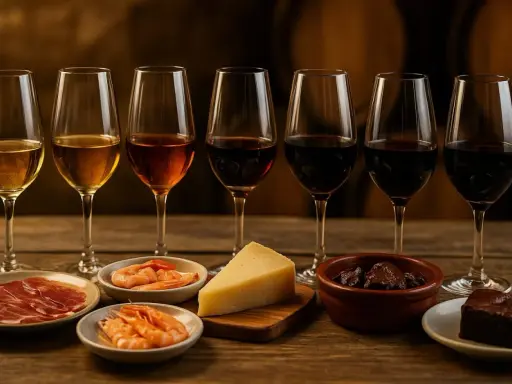 Degustación de un jerez con tapas: jamón, gambas, queso, aceitunas y brownie.