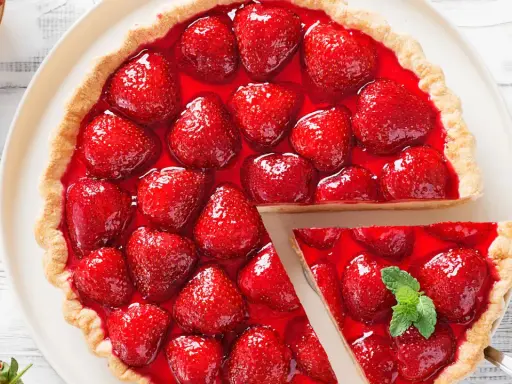 Deliciosa tarta de fresas cubierta con gelatina brillante y fresas frescas. Una porción se ha cortado, revelando la jugosa fruta.