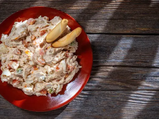 Ensaladilla rusa cremosa en plato rojo, con palitos de pan. ¿Cuanto dura la ensaladilla rusa en la nevera?