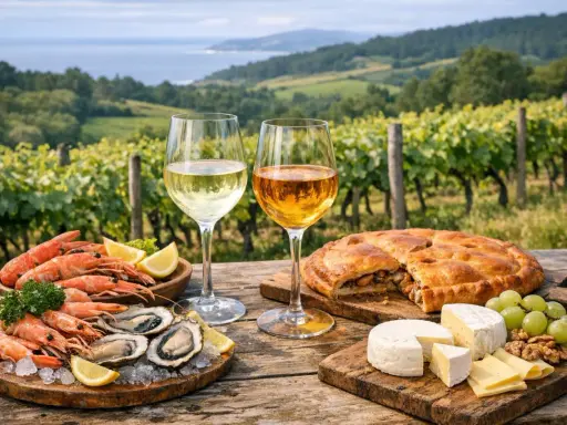 Dos copas de vino blanco, una con un tono más dorado, acompañan mariscos, empanada y quesos en un viñedo. ¿El albariño es dulce o seco?