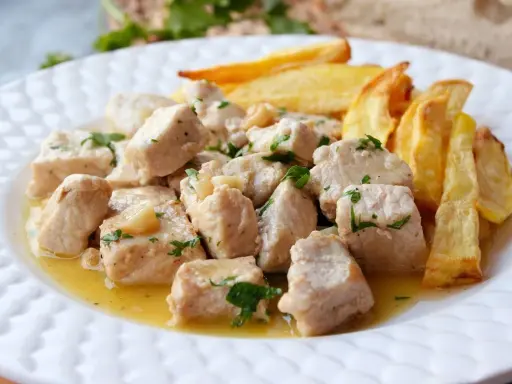 Sabroso lomo al ajillo en trozos, bañado en aceite y ajo, acompañado de patatas fritas crujientes.