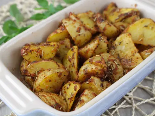 Patatas al microondas crujientes y doradas, sazonadas con hierbas aromáticas. ¡Un aperitivo rápido y delicioso!